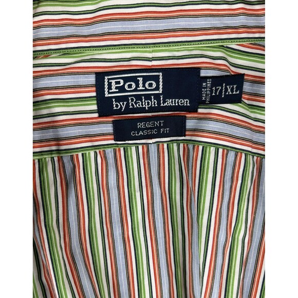 Polo Ralph Lauren Shirt Men's XL 17 Green Blue Vertical Striped Long Sleeve - Picture 7 of 7